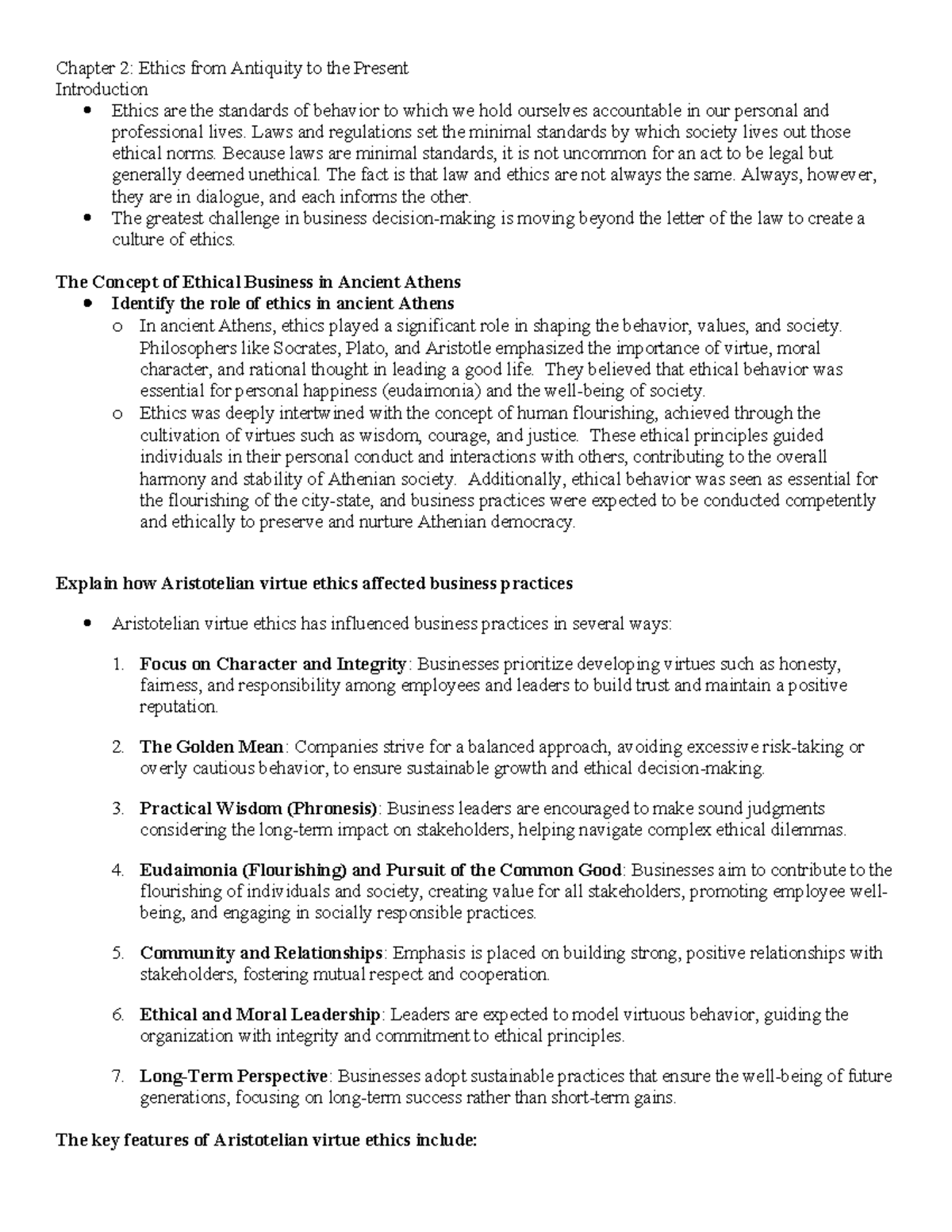 Ethics-Chapter 2 Notes - Chapter 2: Ethics from Antiquity to the ...