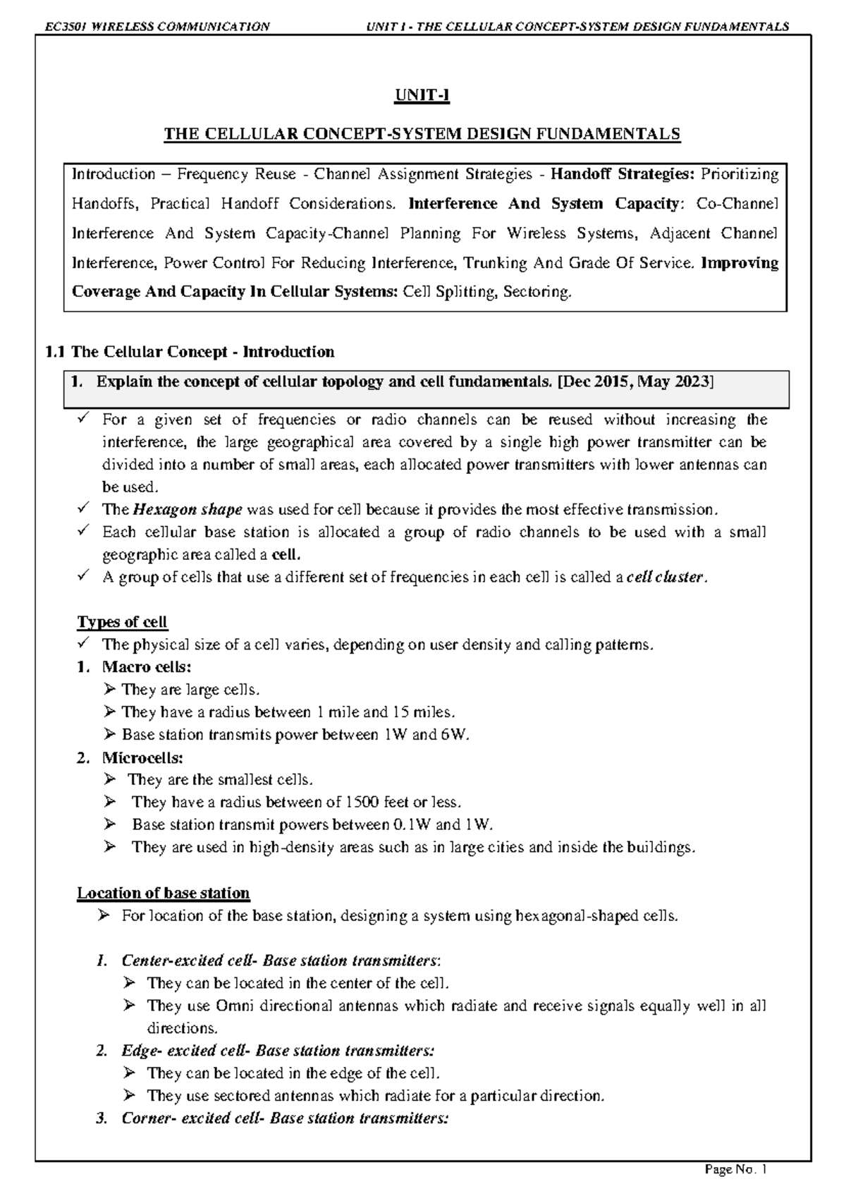 EC3501- Wireless Communication-WC notes 1 - ####### UNIT-I ####### THE ...