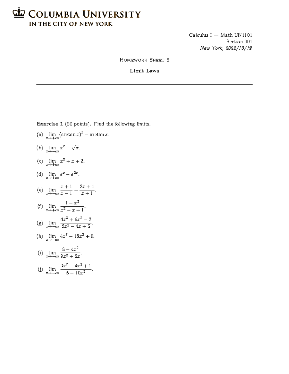 Calculus I Math UN1101 Section 001 Homework 06 - Limit Laws Exercises ...