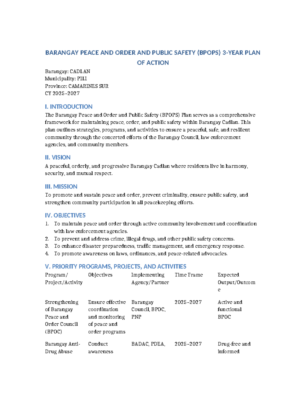 BPOPS 3-Year Action Plan (2025-2027) for Barangay Cadlan - Studocu