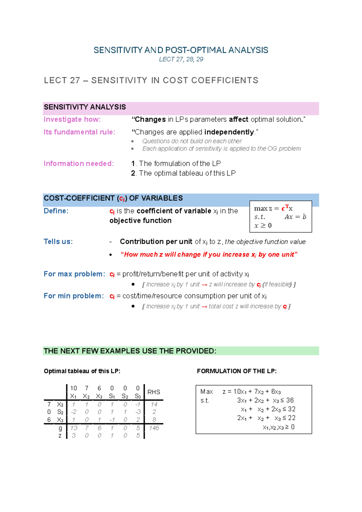 LECT 27, 28, 29 - Sensitivity Analysis in Linear Programming - Studocu