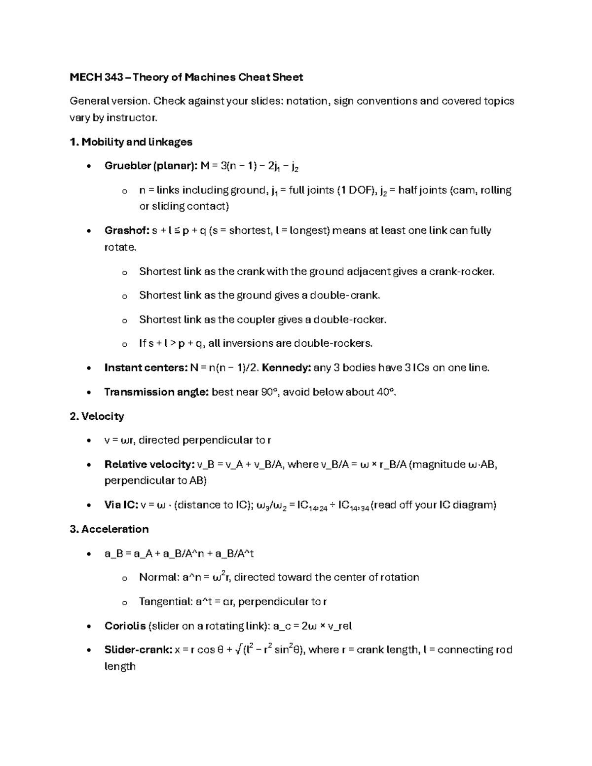 MECH 343 Theory of Machines Cheat Sheet - General Version - Studocu