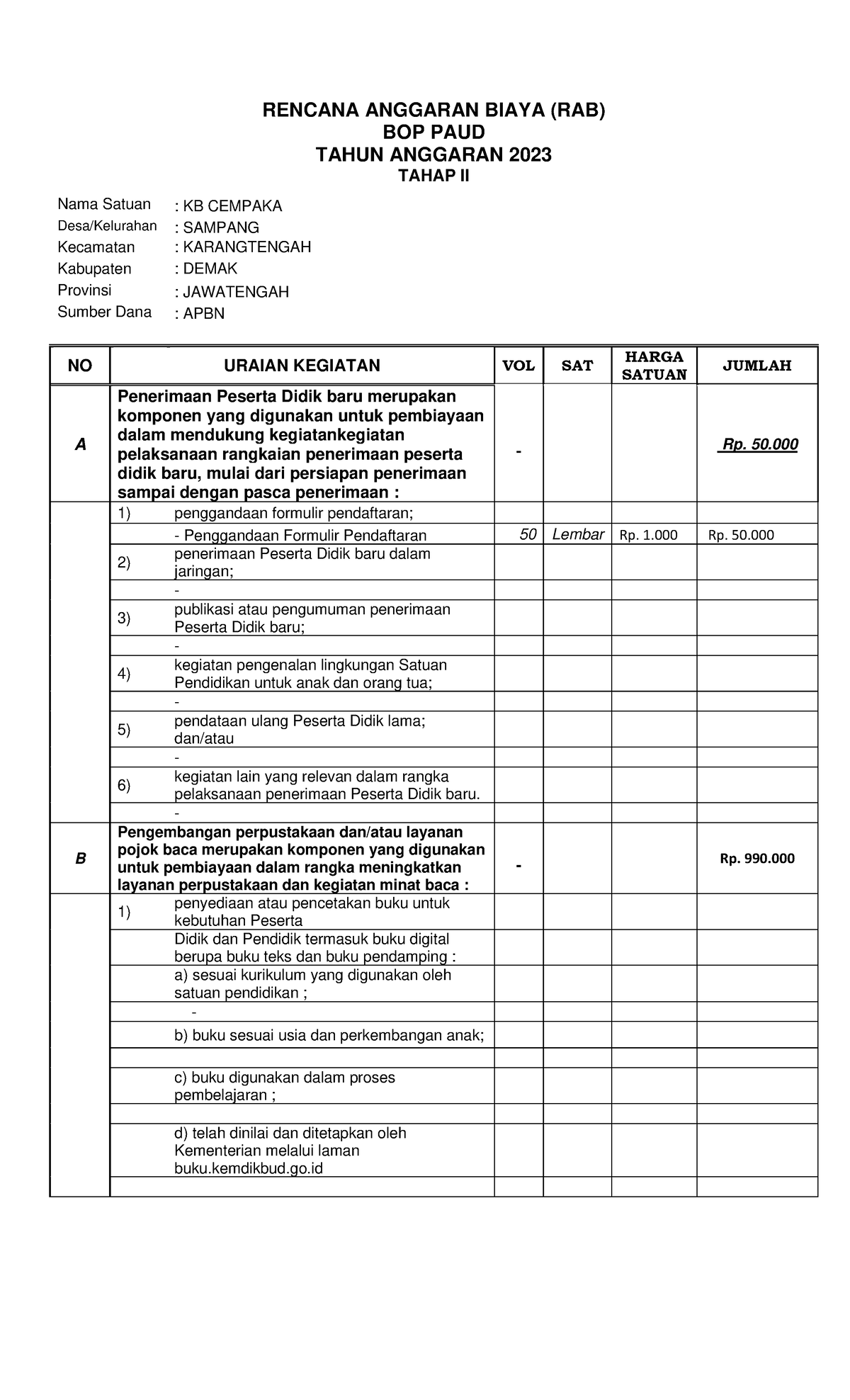 RAB Tahap II 2023 untuk BOP PAUD di KB Cempaka - Studocu
