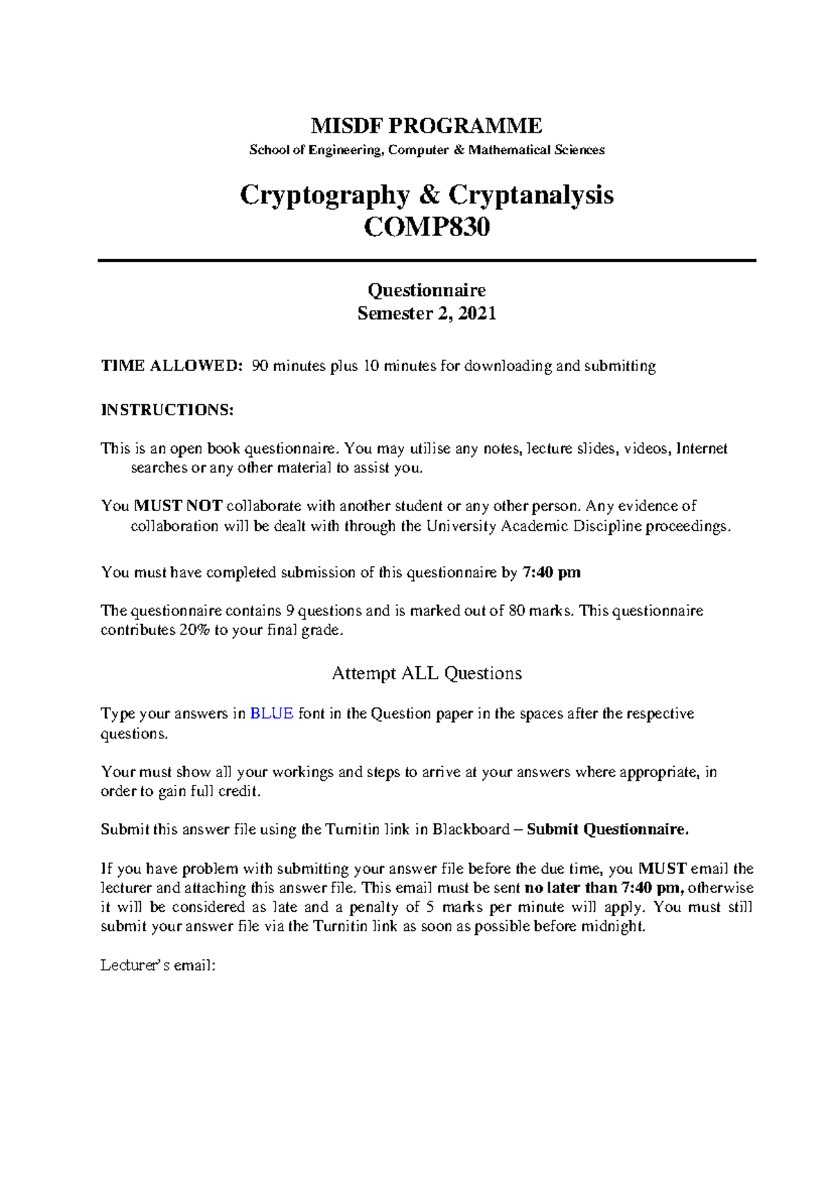 COMP830 Cryptography Questionnaire 2021 - Final Exam Guide - Studocu
