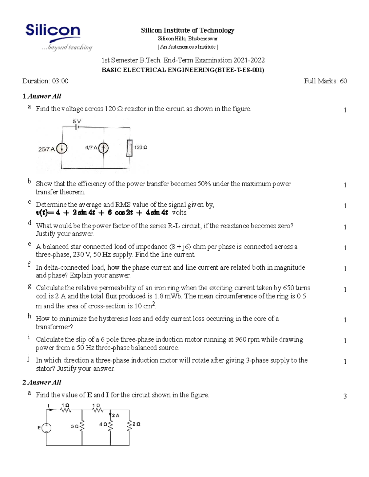 1st Sem 2021-22 End Term Exam: Basic Electrical Engineering (BTEE-T-ES ...