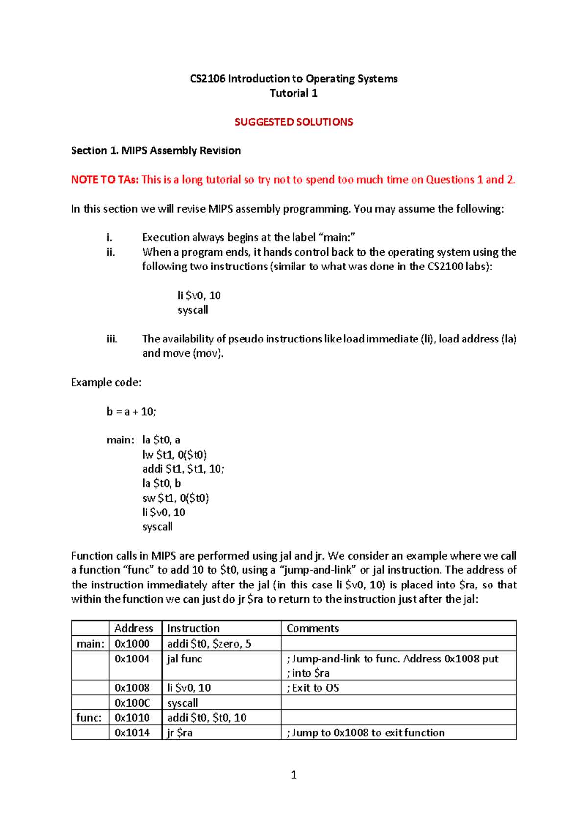 CS2106 tutorial 1 suggested solutions for MIPS assembly programming ...
