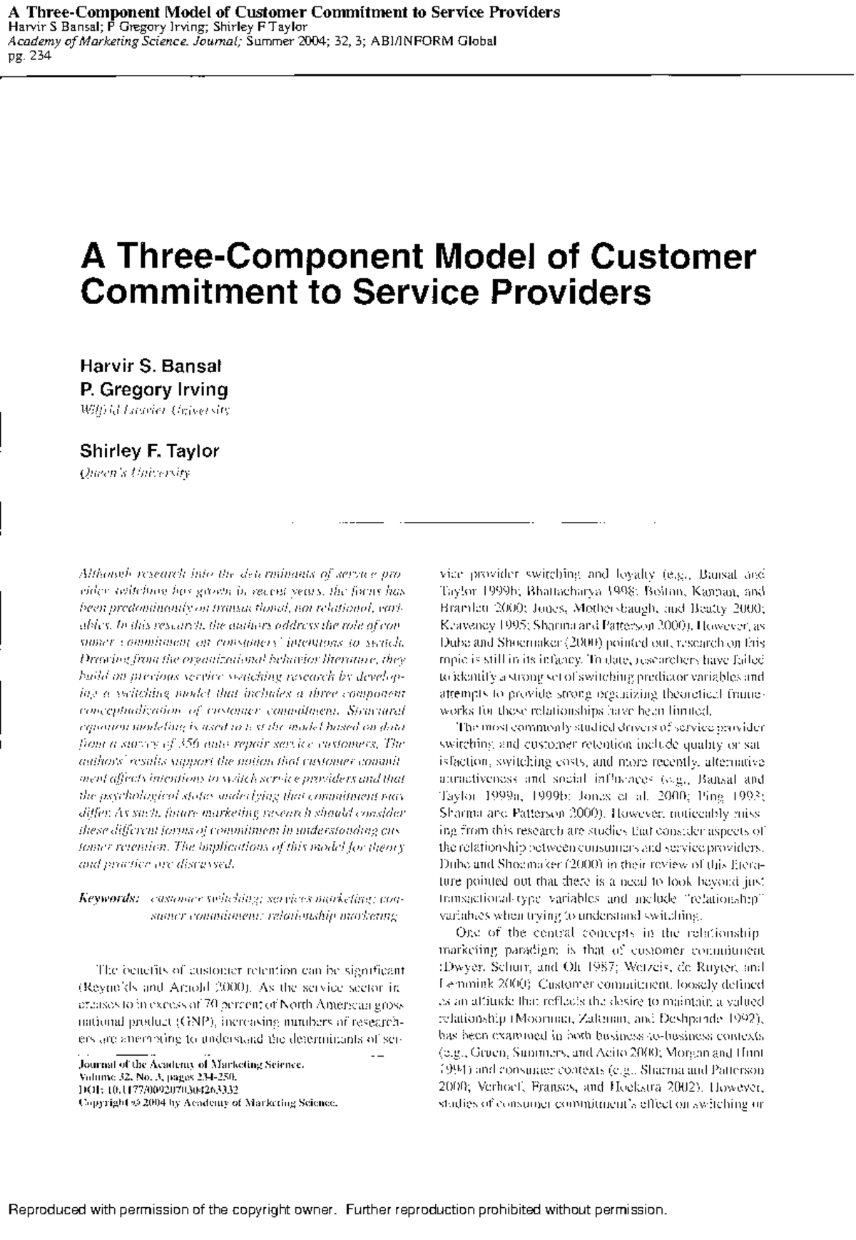 Customer Commitment to Service Providers: A Three-Component Model - Studocu