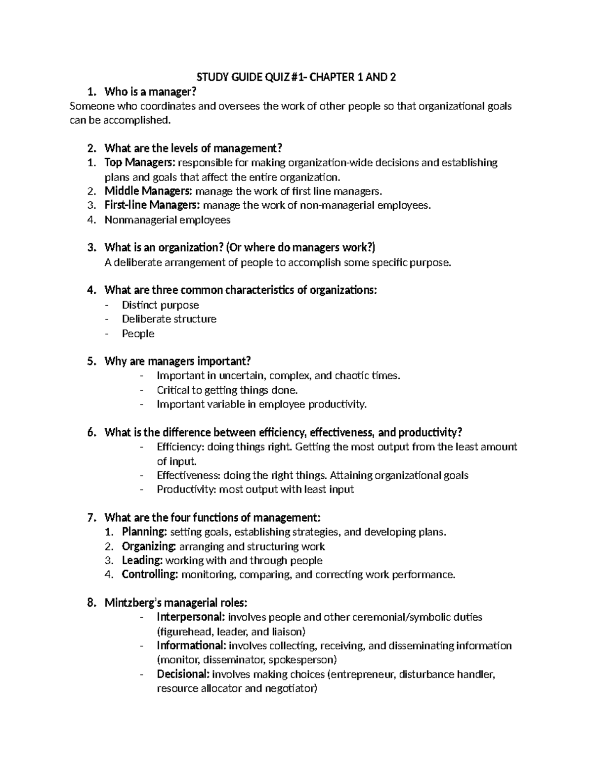 Study Guide Quiz CH 1 & 2 - Management Principles 2024 - Studocu