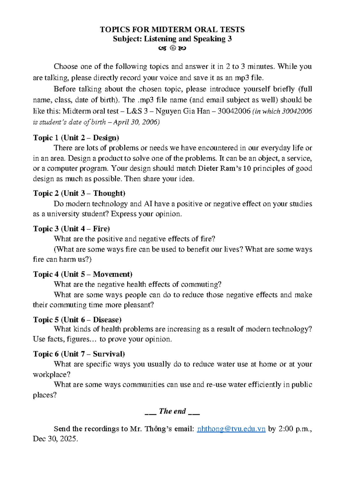 Midterm Oral Test Topics for Listening and Speaking 3 - Studocu