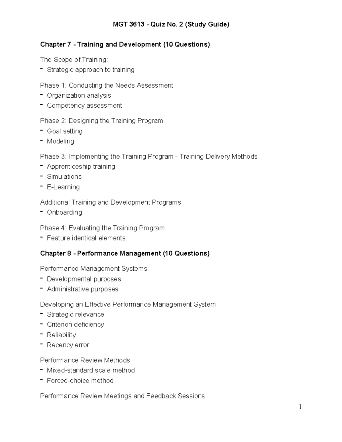 Quiz No 2 Study Guide - MGT 3613 - Quiz No. 2 (Study Guide) 1 Chapter 7 ...