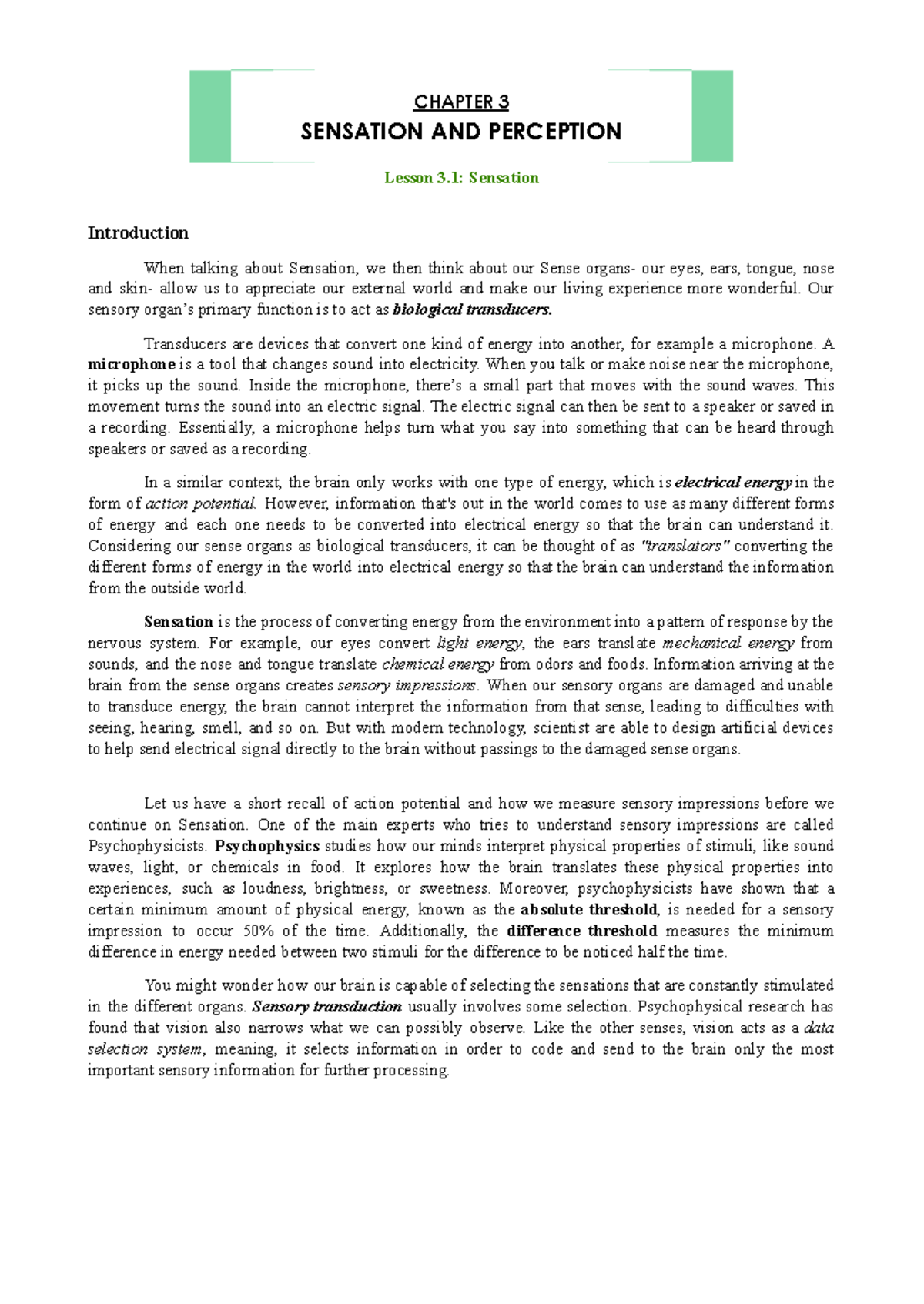 CHAPTER 3 SENSATION AND PERCEPTION: Lesson 3.1 Overview - Studocu