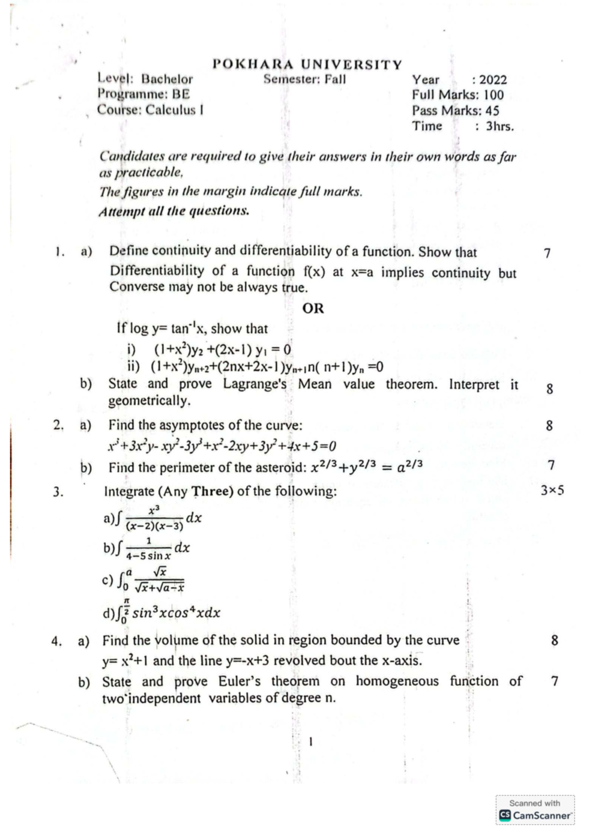Calculus I Old Question Papers - POKHARA UNIVERSITY (BE) - Studocu