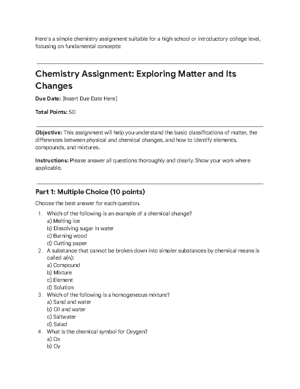 Chemistry Assignment: Exploring Matter & Changes (Due: 50 pts) - Studocu
