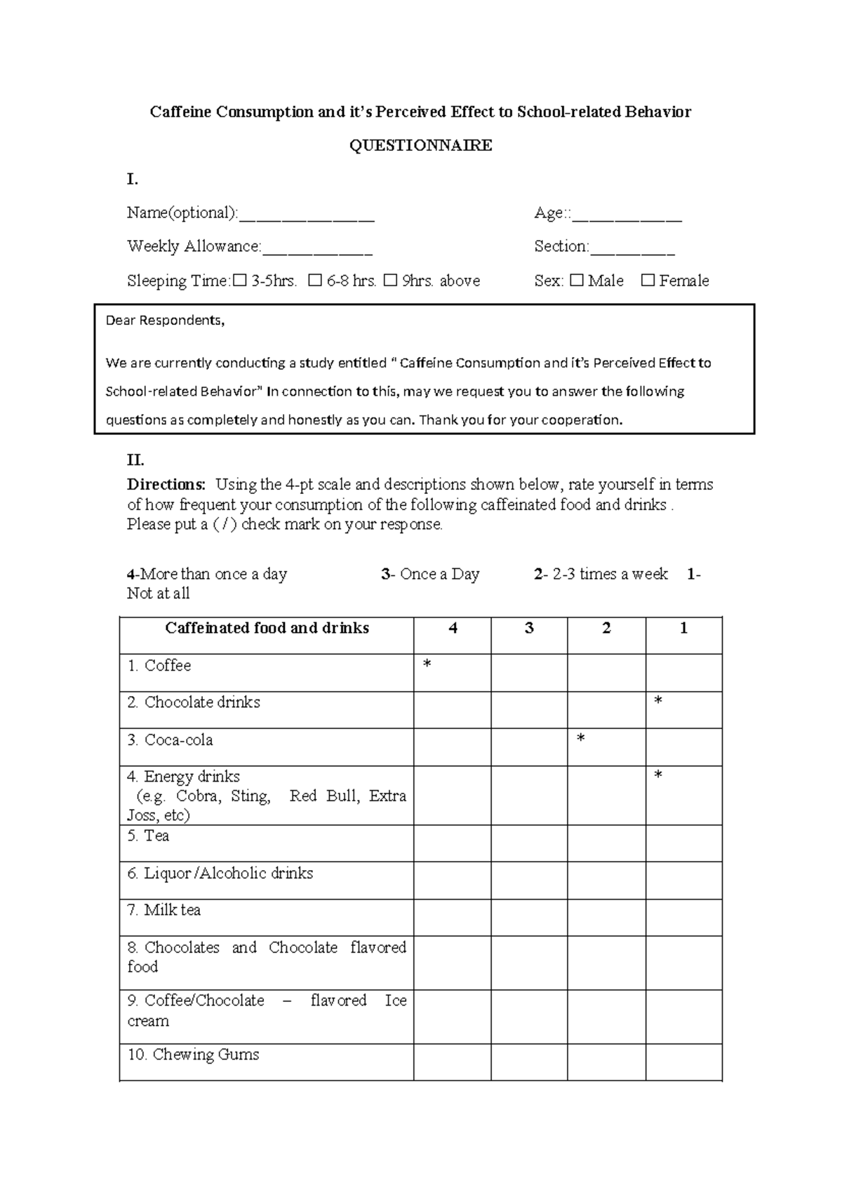 Caffeine Consumption and Its Behavioral Effects Questionnaire - Studocu