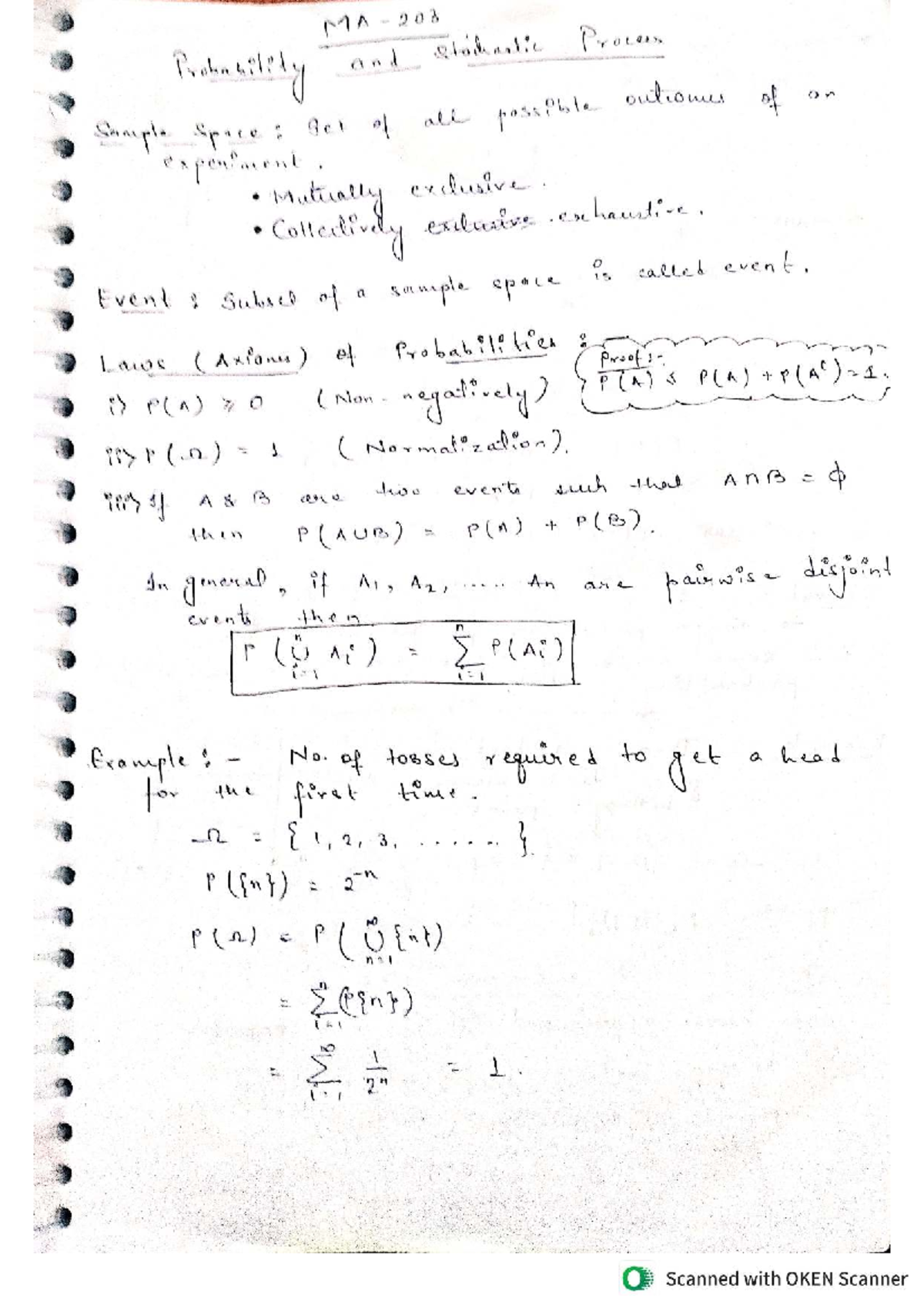 MA 203 Probability and stochastic processes: Sample space and events ...