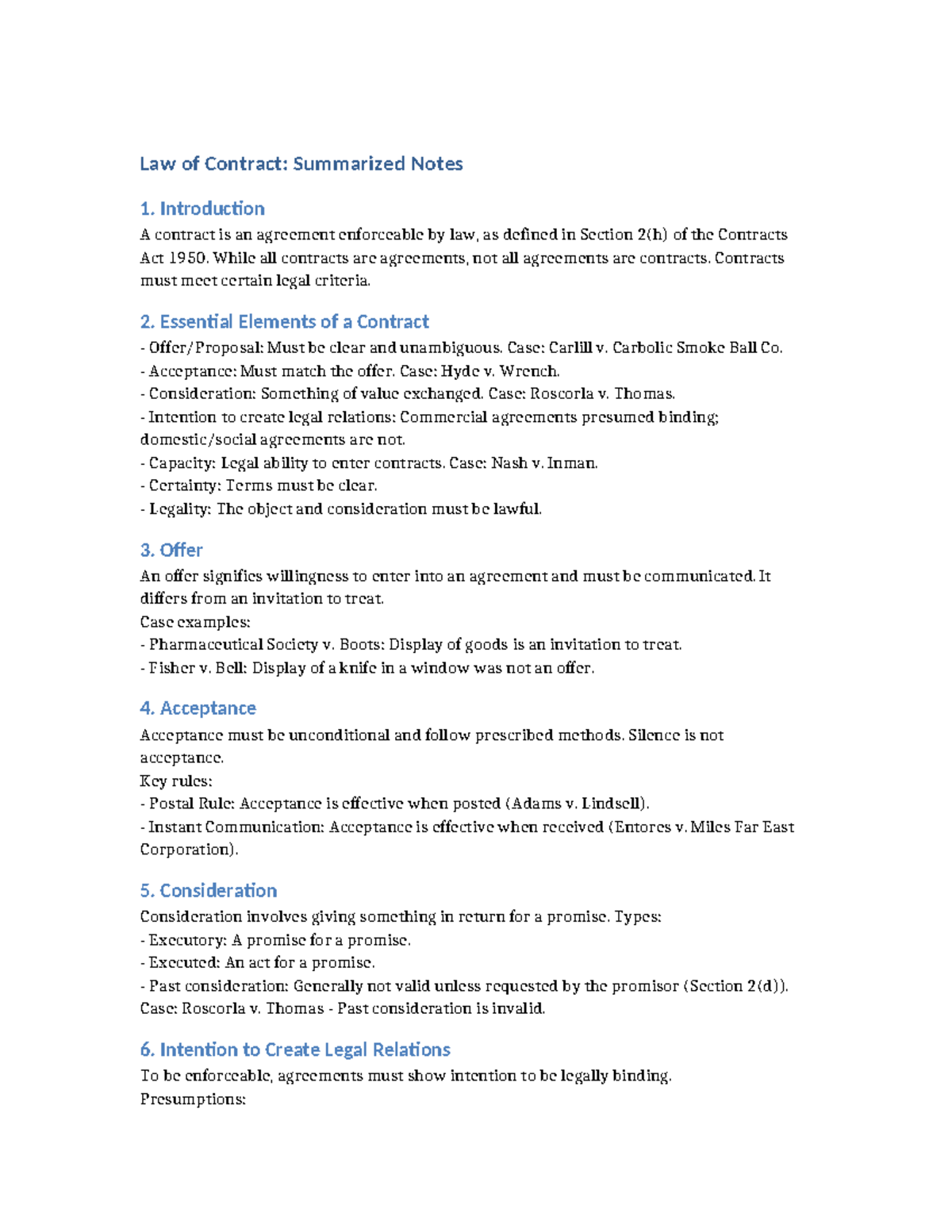 Law of Contract (LAW101): Essential Elements & Key Cases Summary - Studocu
