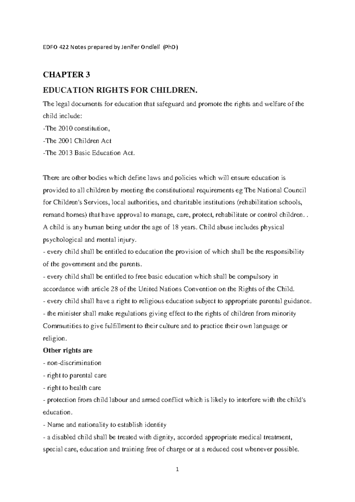 EDFO 422 Chapter 3: Education Rights for Children - Studocu