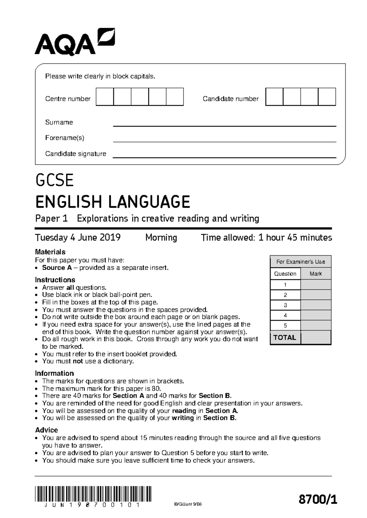 AQA GCSE English Lang Paper 1: Creative Reading & Writing Exam - Studocu