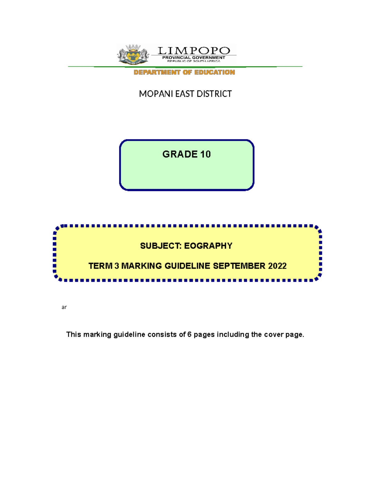 Grade 10 Geography Term 3 Marking Guidelines - September 2022 - Studocu
