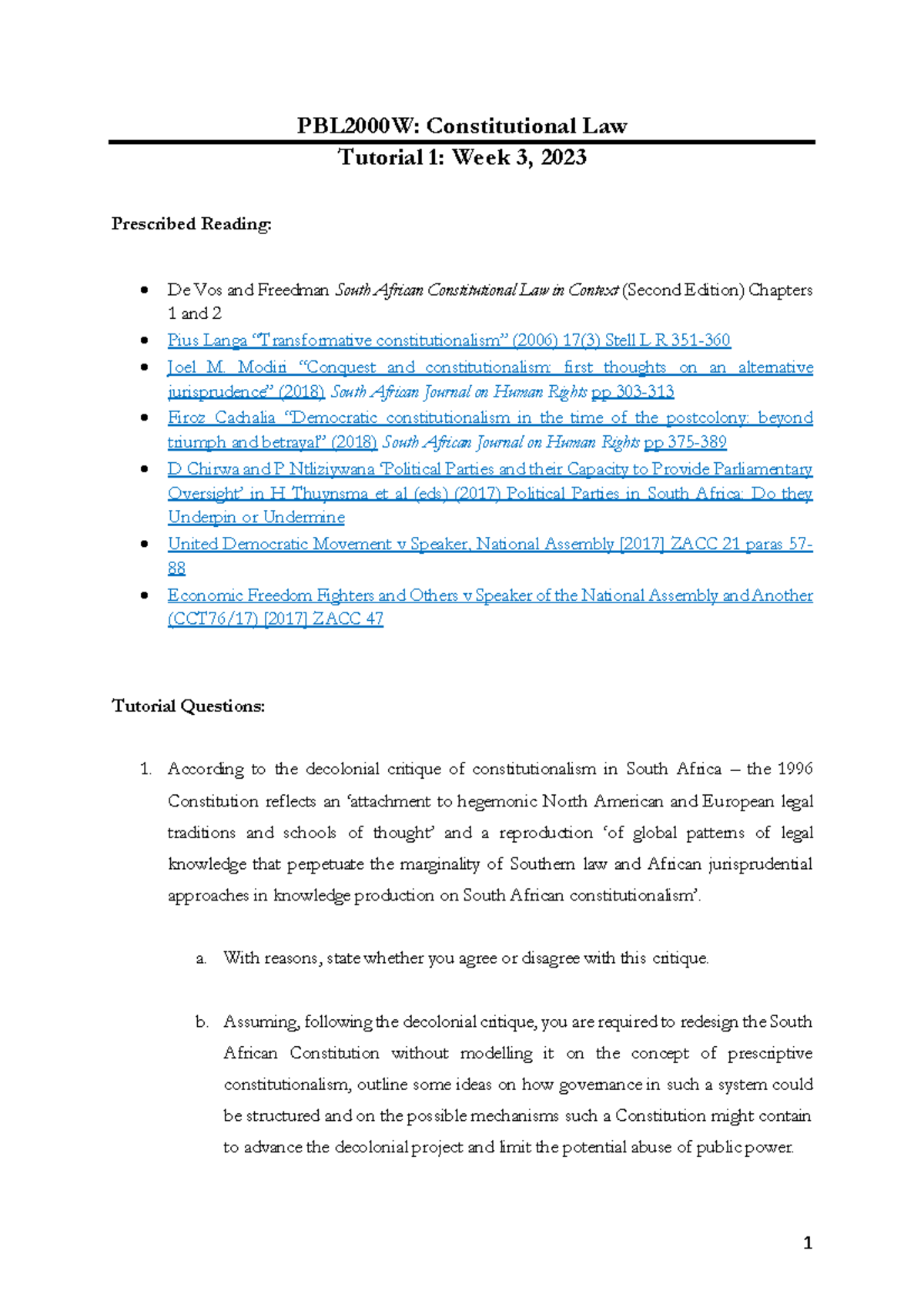 Constitutional Law Tutorial 1, Week 3 2023 - 1 PBL2000W: Constitutional ...