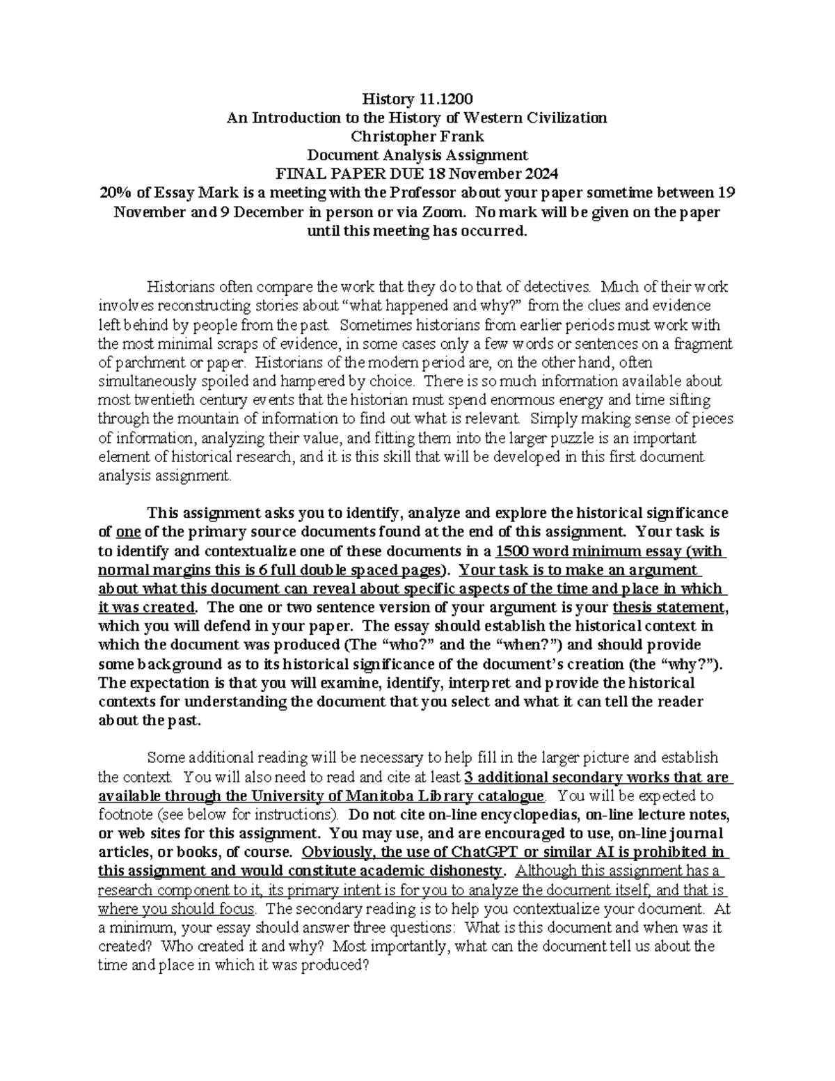 History 1200: Final Paper on Document Analysis of Western Civilization ...
