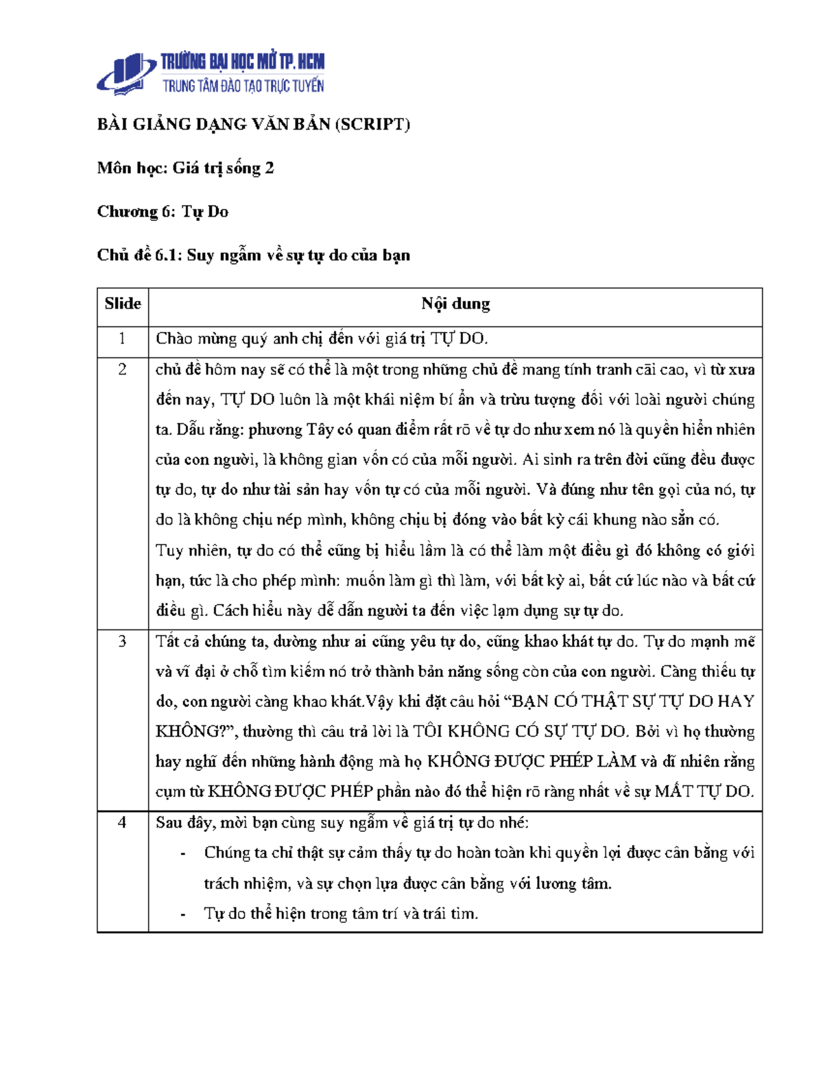 Ch6 TỰ DO 61 Script DONE - 1235 - BÀI GIẢNG DẠNG VĂN BẢN (SCRIPT) Môn ...