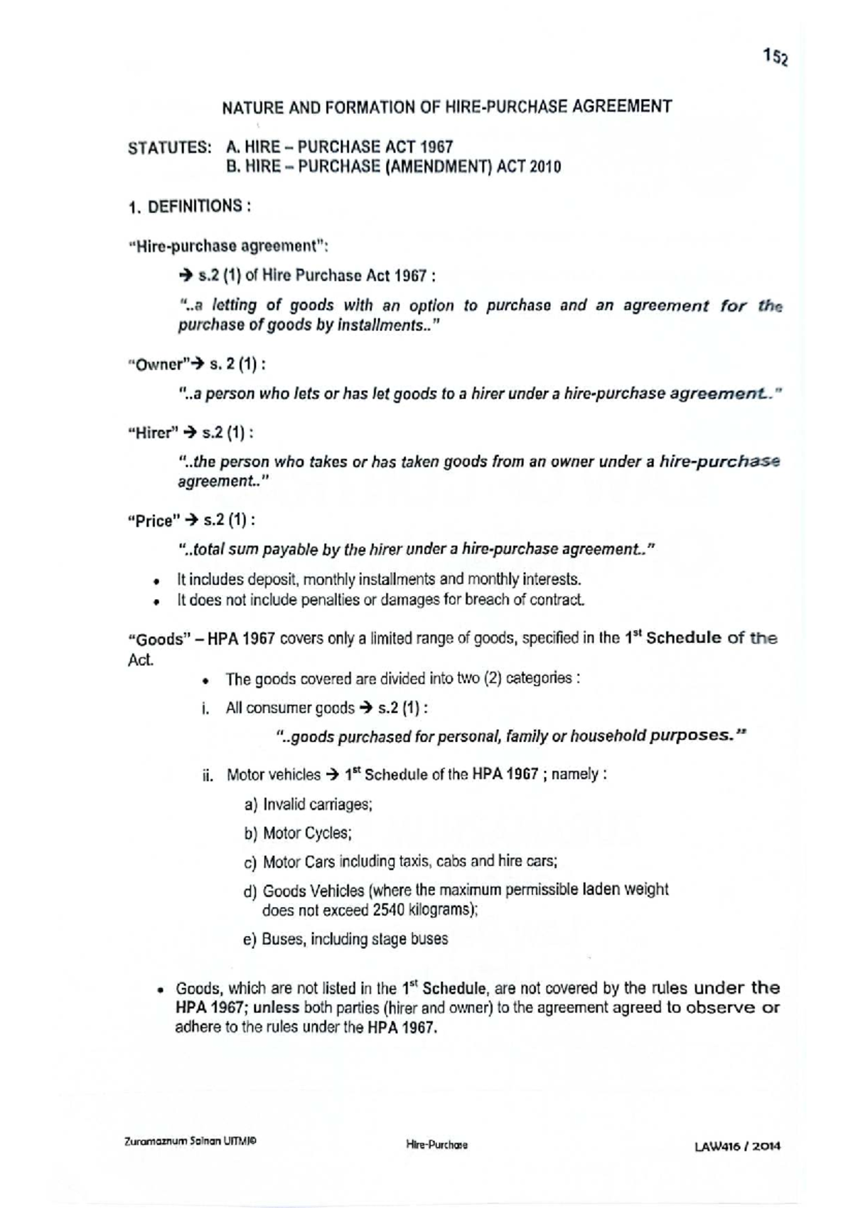 LAW416 HIRE PURCHASE: Nature, Formation & Key Provisions Lecture Notes ...