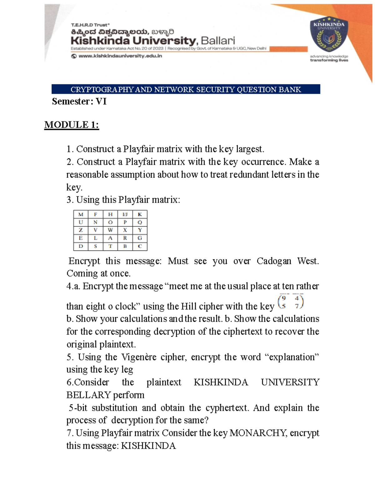 CNS VI Module 1: Cryptography & Network Security Question Bank - Studocu