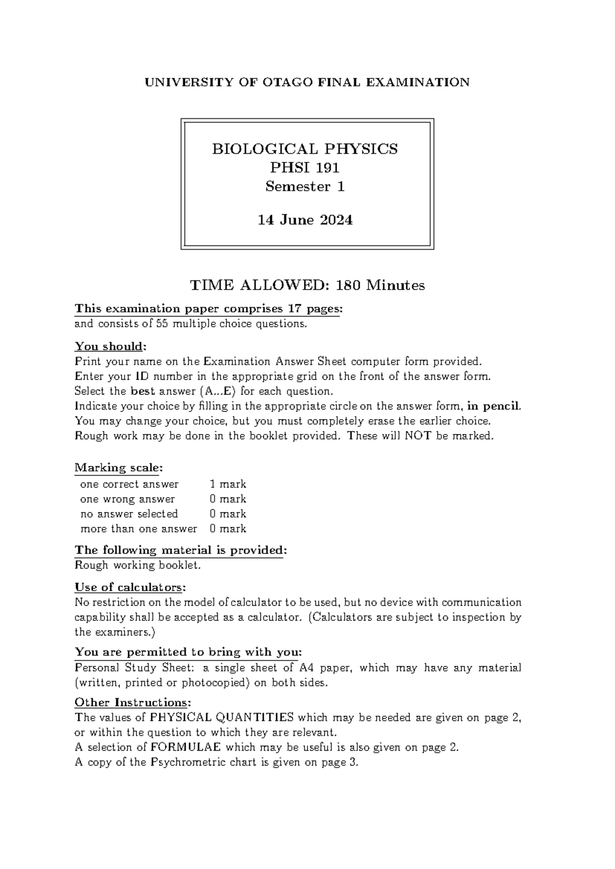 PHSI 191 Final Exam Paper - Biological Physics Semester 1 2024 - Studocu