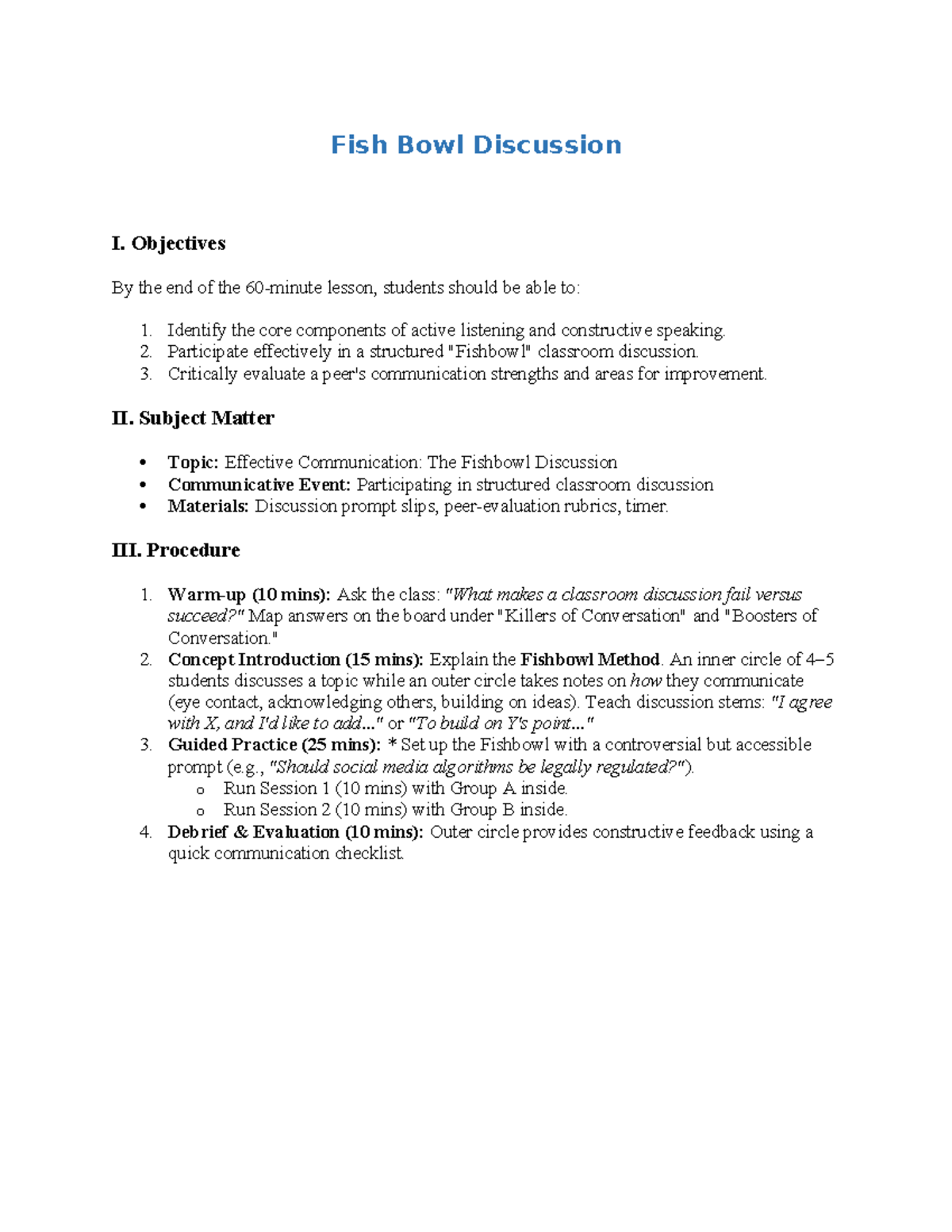 Fish Bowl Discussion I - Lesson Plan on Effective Communication - Studocu