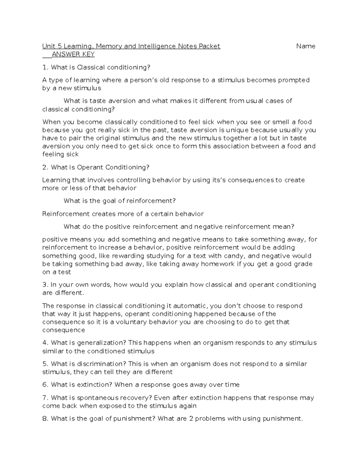 Unit 5 Psychology: Learning, Memory & Intelligence Notes Packet KEY ...