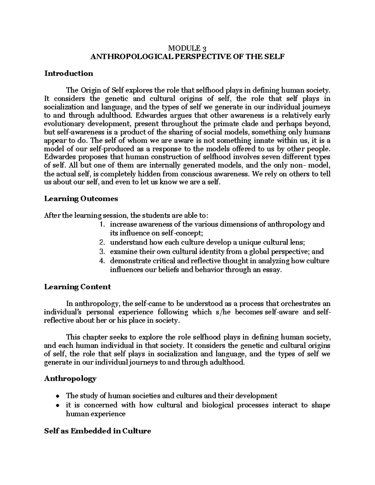 Module 3: The Anthropological Perspective on Selfhood and Society - Studocu