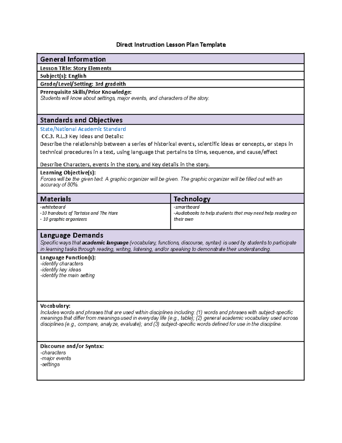 Direct Instruction Lesson Plan: Story Elements for 3rd Grade English ...