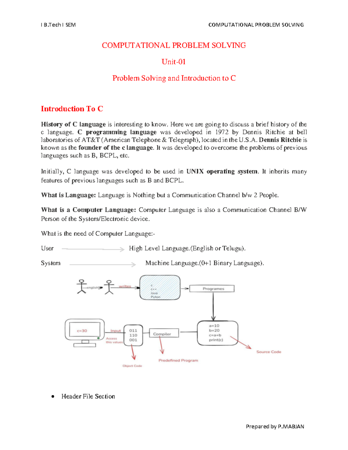 I B.Tech I SEM COMPUTATIONAL PROBLEM SOLVING: Intro to C & Problem ...
