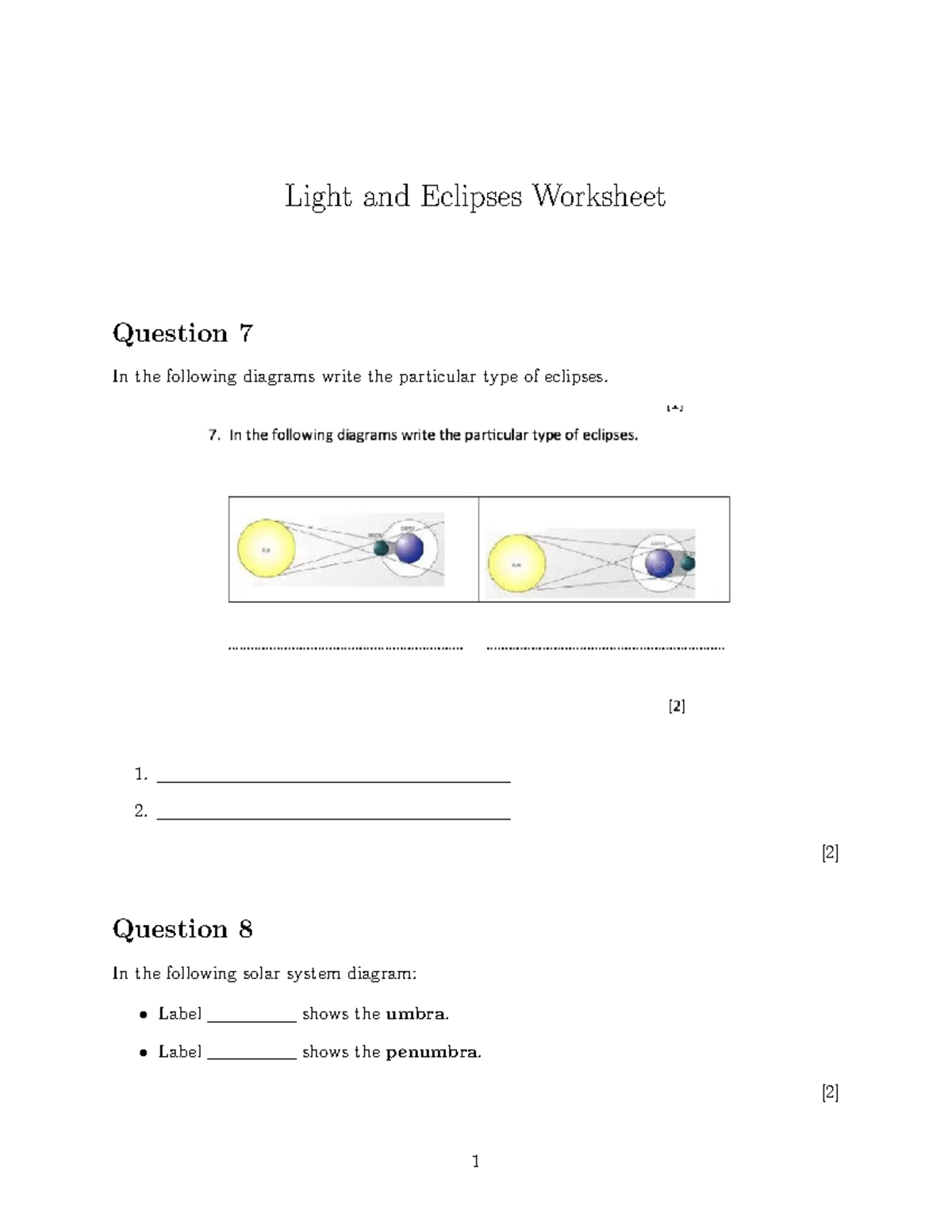 Light and Eclipses Worksheet - Extra Practice for Shadows - Studocu