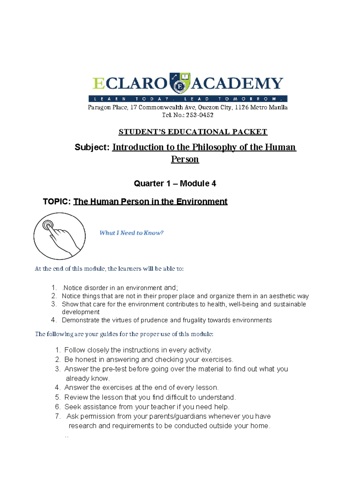 Philo 101: Q1 Module 4 - The Human Person in the Environment - Studocu