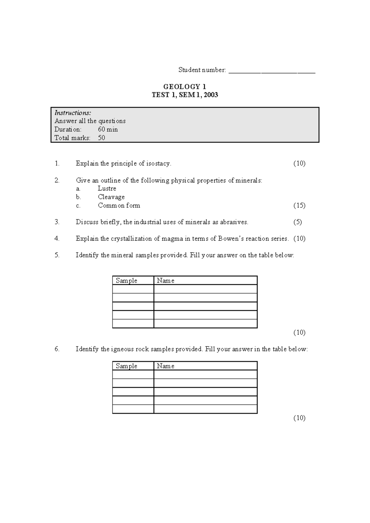GEOLOGY 1 - Test 1 Practice Questions & Answers (SEM 1, 2003) - Studocu