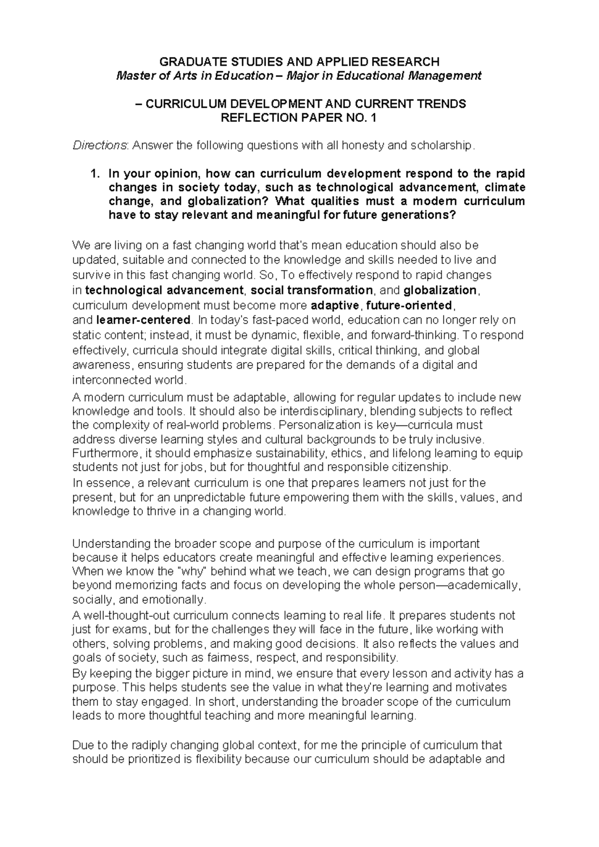 Reflection Paper No. 1: Curriculum Development in a Changing World - MA ...