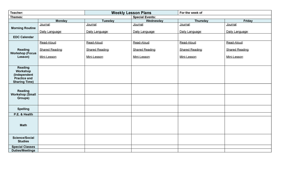 One Page Weekly Lesson Plan Template Horizontal-1 - Teacher: Weekly ...