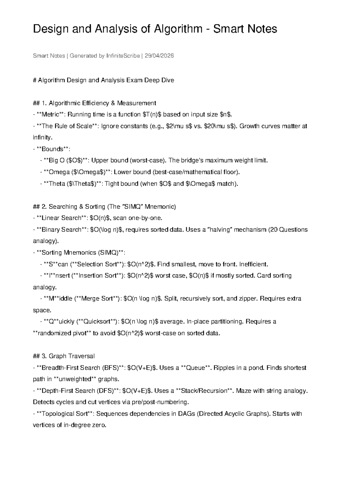 Design and Analysis of Algorithms Exam Notes (CS101) - Studocu
