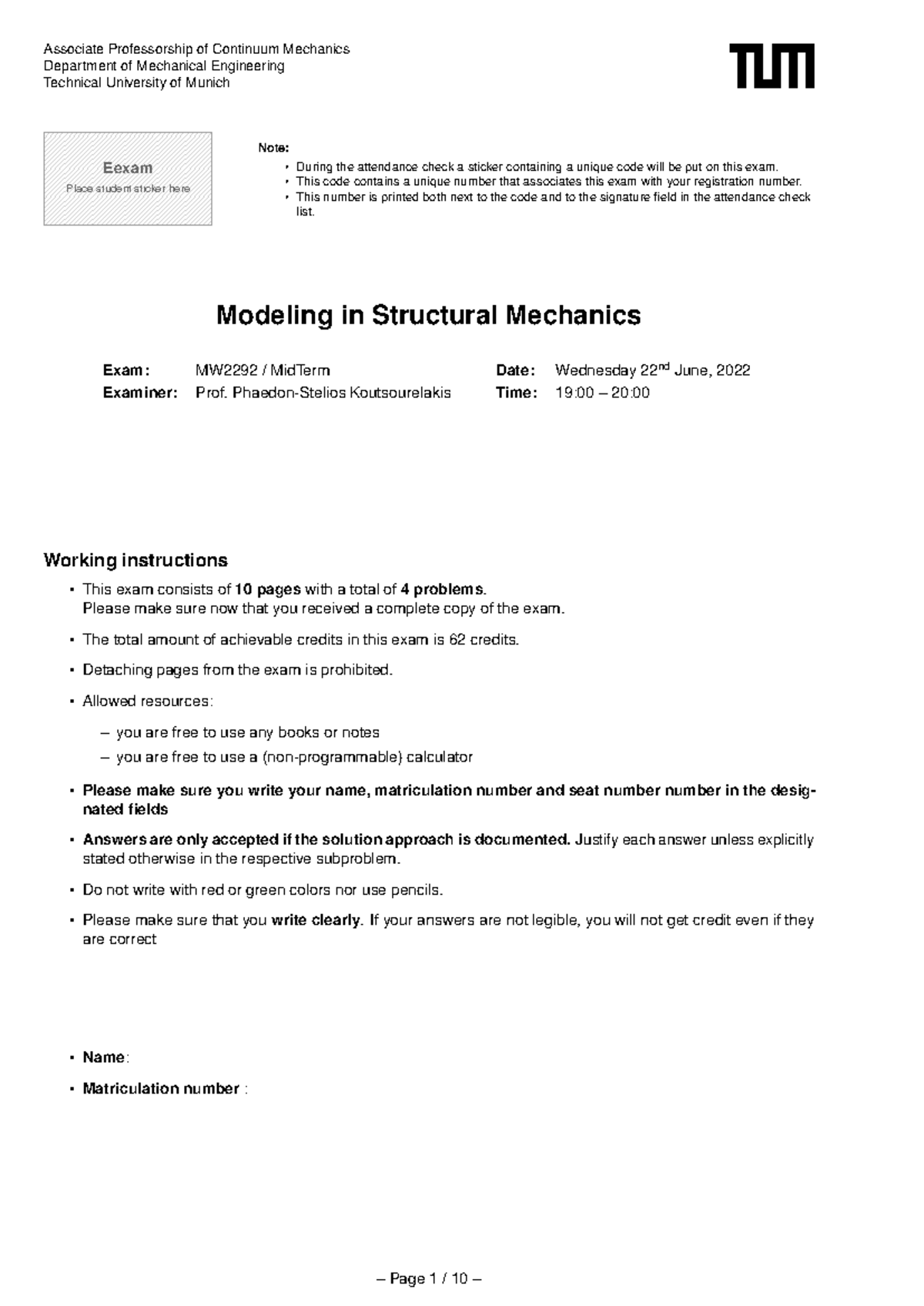 MW2292 Midterm Exam - Probeklausur in Continuum Mechanics - Studocu