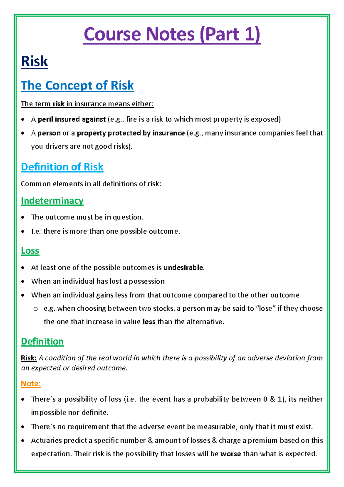 Risk Concepts and Definitions: Course Notes (Part 1) - Studocu