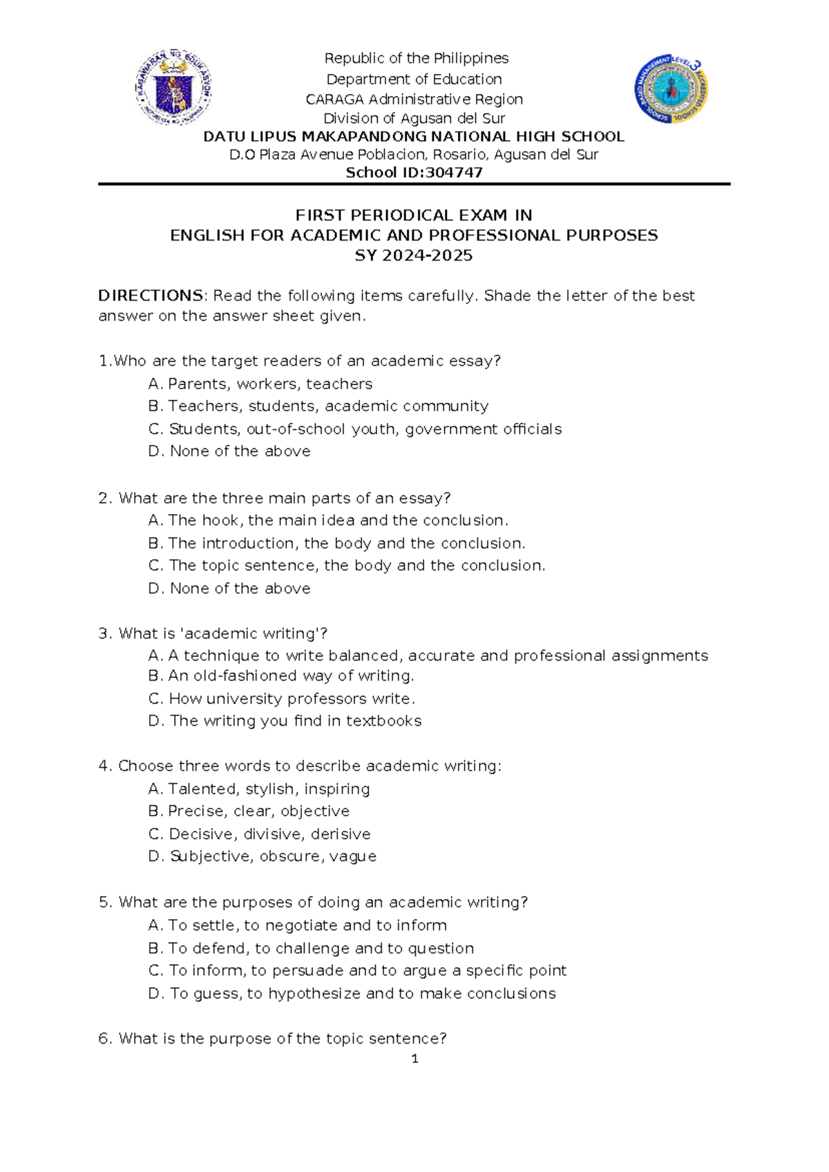 EAPP 1ST Periodical Exam Review 2024: Academic Writing Essentials - Studocu