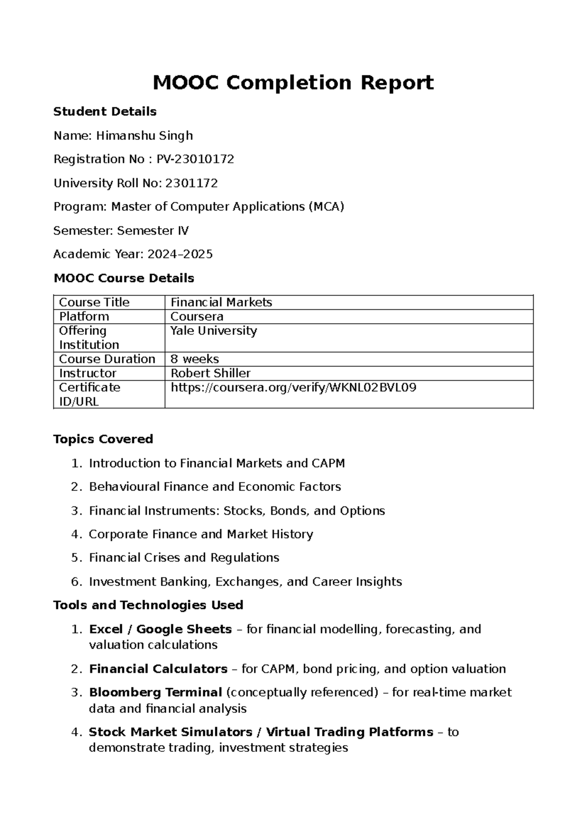 MCA Semester IV MOOC Completion Report: Financial Markets Course - Studocu