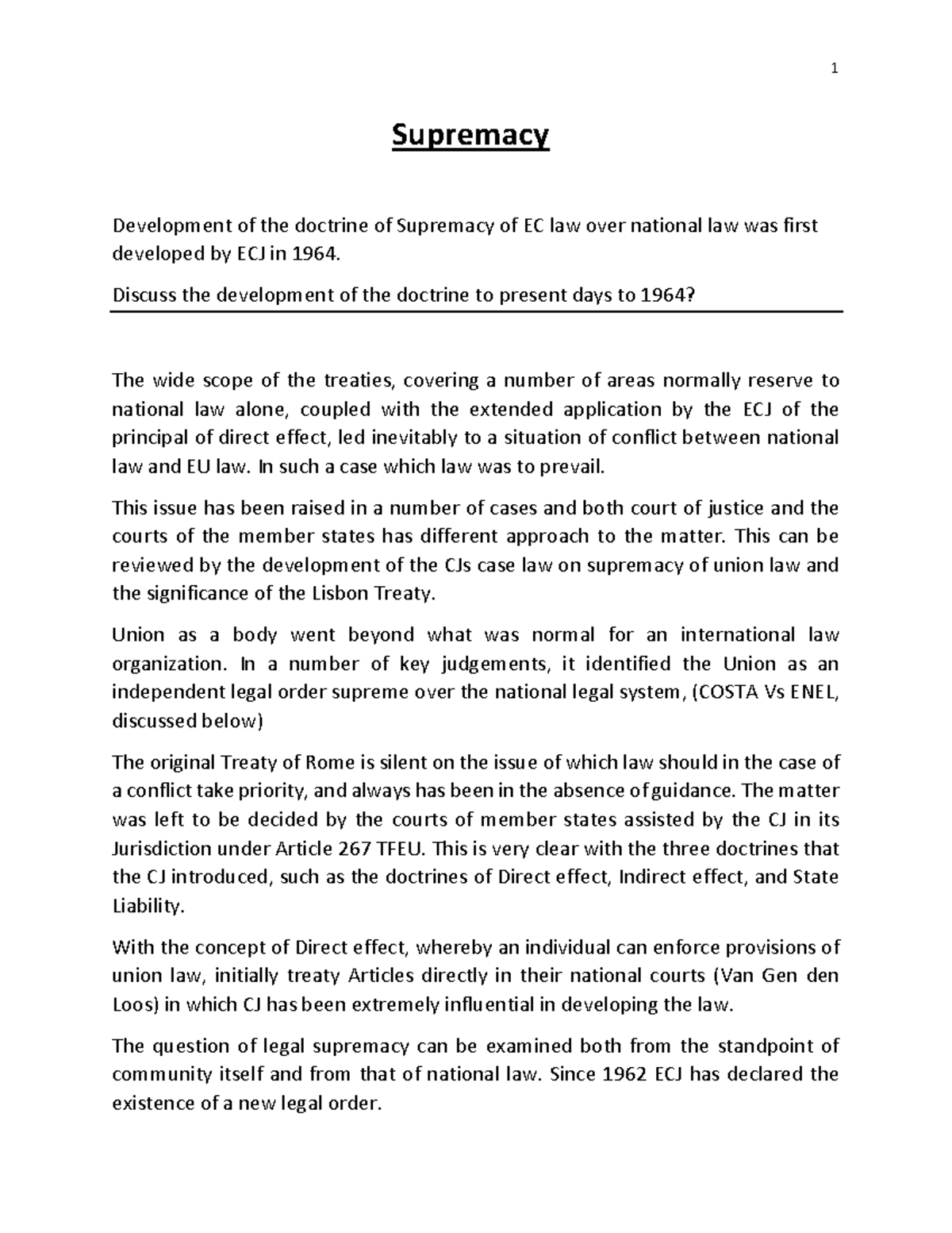Supremacy of EC Law Over National Law: Development & Implications - Studocu