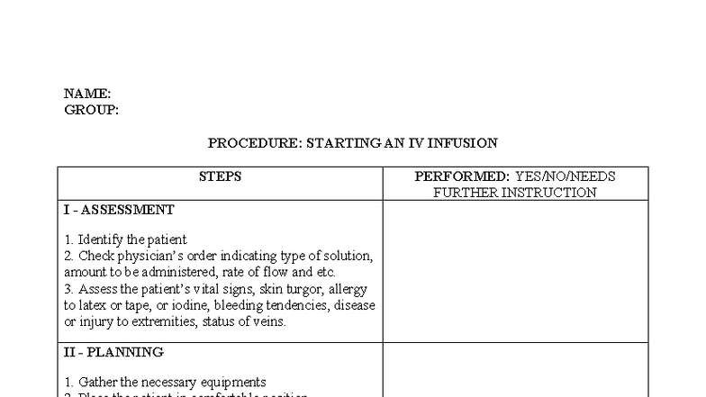 IV Therapy Procedure: Steps for Starting an IV Infusion - Studocu