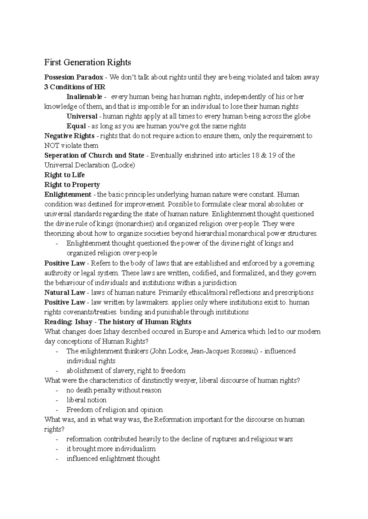 Human Rights Exam Notes - First Generation Rights Possesion Paradox ...