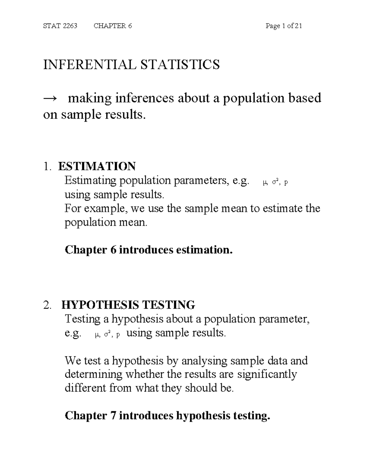 Chapter 6 - Lecture Notes on Estimation & Hypothesis Testing - Studocu