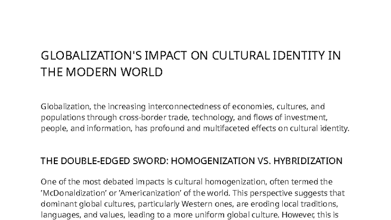 Cultural Identity in Modern World - GLOBALIZATION'S IMPACT ON CULTURAL ...