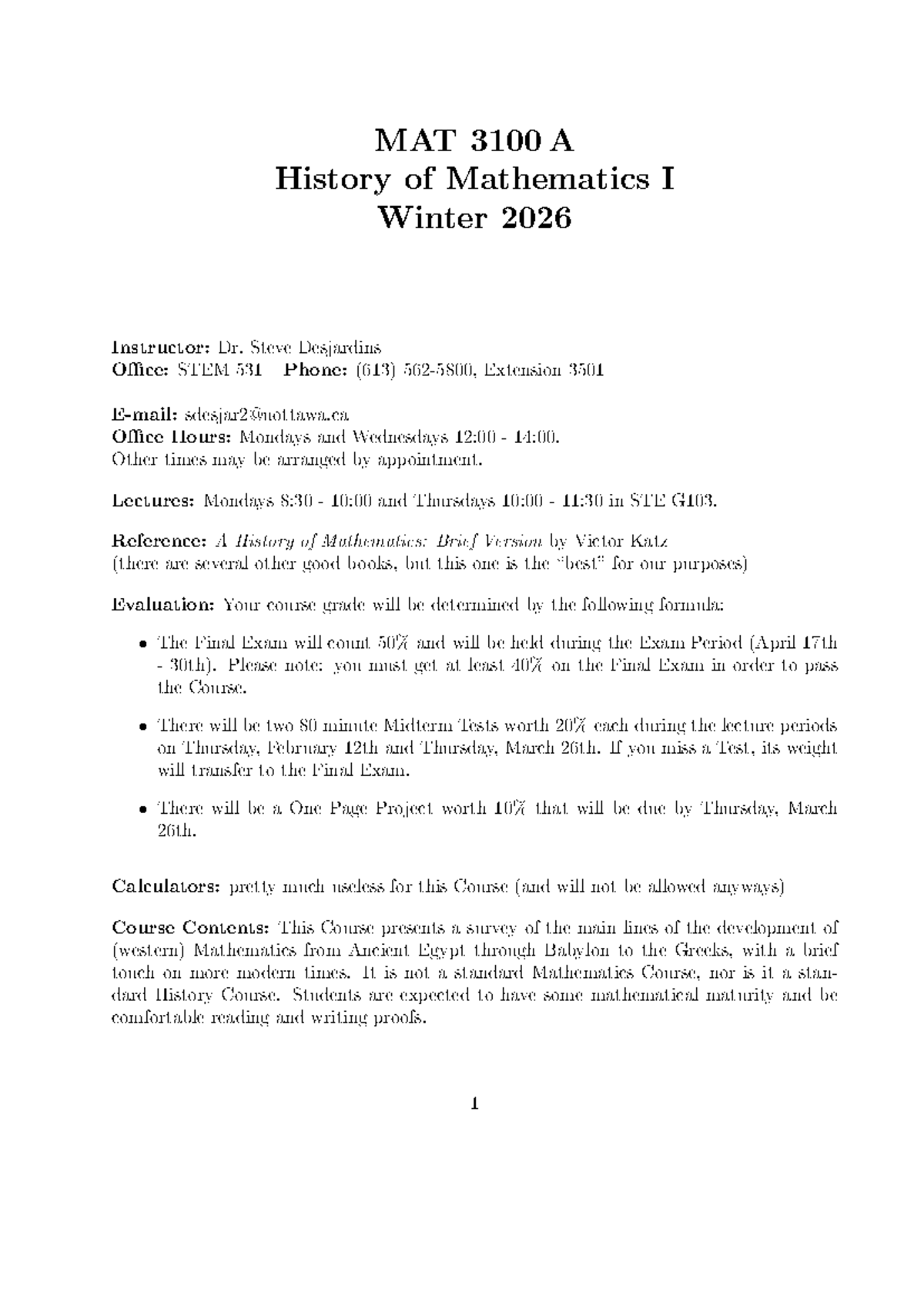 MAT 3100 A History of Mathematics I Winter 2026 Course Outline - Studocu